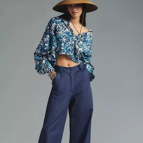 Anthropologie Pilcro Batwing Oversized Ruffle Blouse In Blue Multi XS EUC - Picture 3 of 15